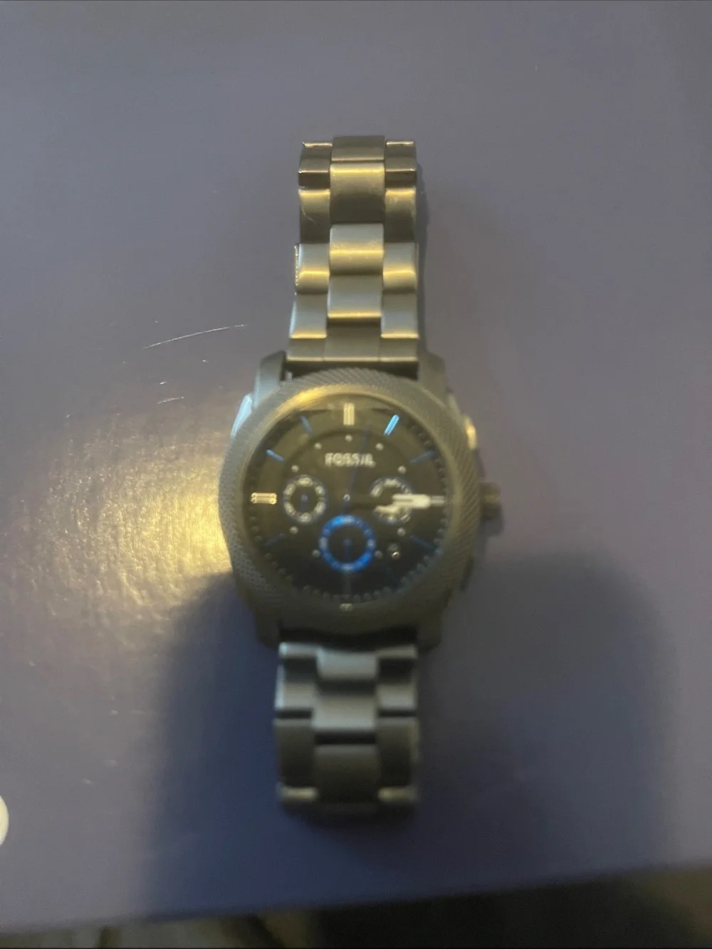 Fossil Men's Gunmetal Stainless Steel Watch with Blue Accents